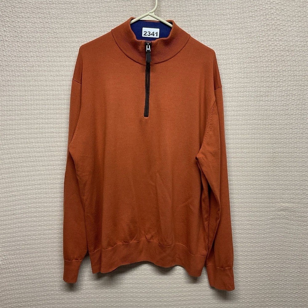 Orvis 100% Merino Wool Quarter Zip Sweater‎ Mens XL Orange Mock Neck Pullover